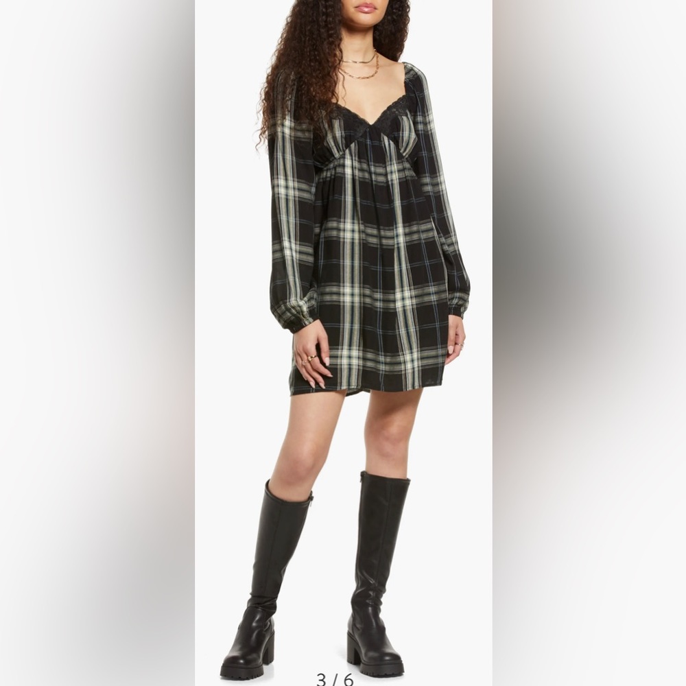 BP LACEY PLAID LONG SLEEVE BABYDOLL DRESS SIZE XS (0-2) NWT